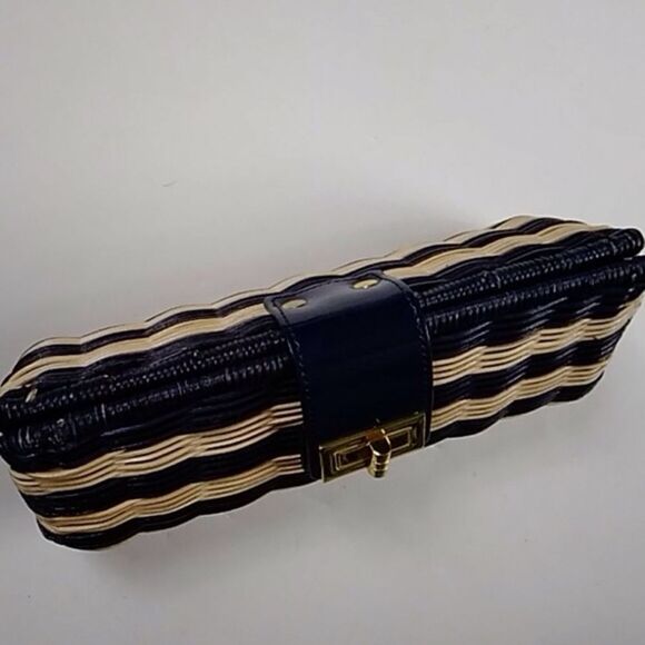 J CREW FACTORY HAVANA NAVY BLUE AND NATURAL WICKER STRAW CLUTCH EVENING BAG - Picture 16 of 16